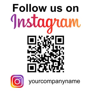 Peut inclure: Texte "Suivez-nous sur Instagram" avec un dégradé de couleurs. Un code QR noir et blanc se trouve sous le texte. Le logo Instagram est sous le code QR avec le texte "yourcompanyname" sous le logo.