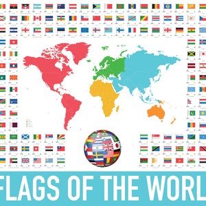 World Map Flags of the World Continents Geography Large Small Poster Graphic Wall Print