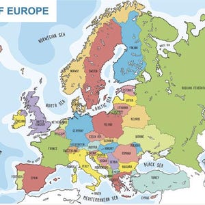 Pode incluir: Um mapa ilustrado e colorido da Europa, com as fronteiras dos países a preto. O texto "MAP OF EUROPE" está no topo. São indicados mares e oceanos, como o Oceano Atlântico e o Mar Báltico.