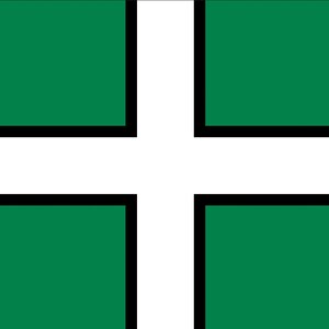 Pode incluir: Uma bandeira branca com uma cruz verde. A cruz é contornada de preto.