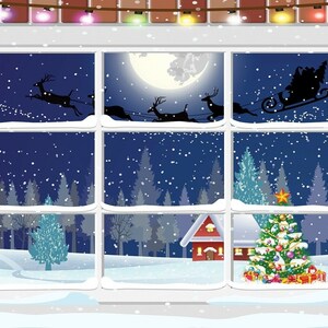 May include: A Christmas scene viewed through a window, with Santa's sleigh pulled by reindeer silhouetted against a full moon. A decorated Christmas tree, snow-covered landscape, and string lights complete the festive illustration.