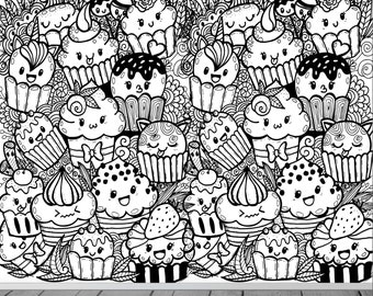 Cupcakes Cupcake Cake Doodle Doodles Abstract Modern Themed Wallpaper Mural Any Room Kids Business  Feature Wall Mural Decor Black and White