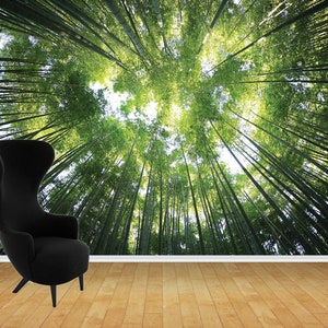 May include: A black armchair sits in front of a wall mural depicting a lush bamboo forest viewed from below, with the tops of the trees reaching up towards the sky.