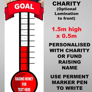 Personalised Bespoke Any Wording and Photo Wall Poster Charity Fundraising Thermometer Money Chart Showing Funds Raised To Show Progress