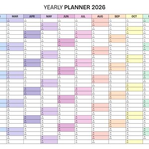 May include: A 2026 yearly planner with a colourful design. The calendar grid is divided into months, each with a different pastel colour. The text "YEARLY PLANNER 2026" is at the top. Days of the week and dates are clearly marked.