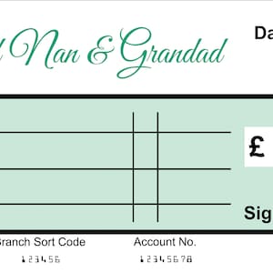 EXTRA Large Giant BLANK Cheque Bank of Nan & Grandad Check Fun Joke Gift Present Re Usable Ultimate Present