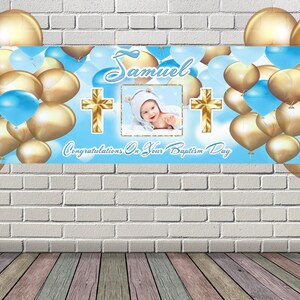 Christening Baptism Themed Blue Gold Celebration Event Party Personalised Name Photo ANY Text Date Banner Cake Table Poster Decoration Decor