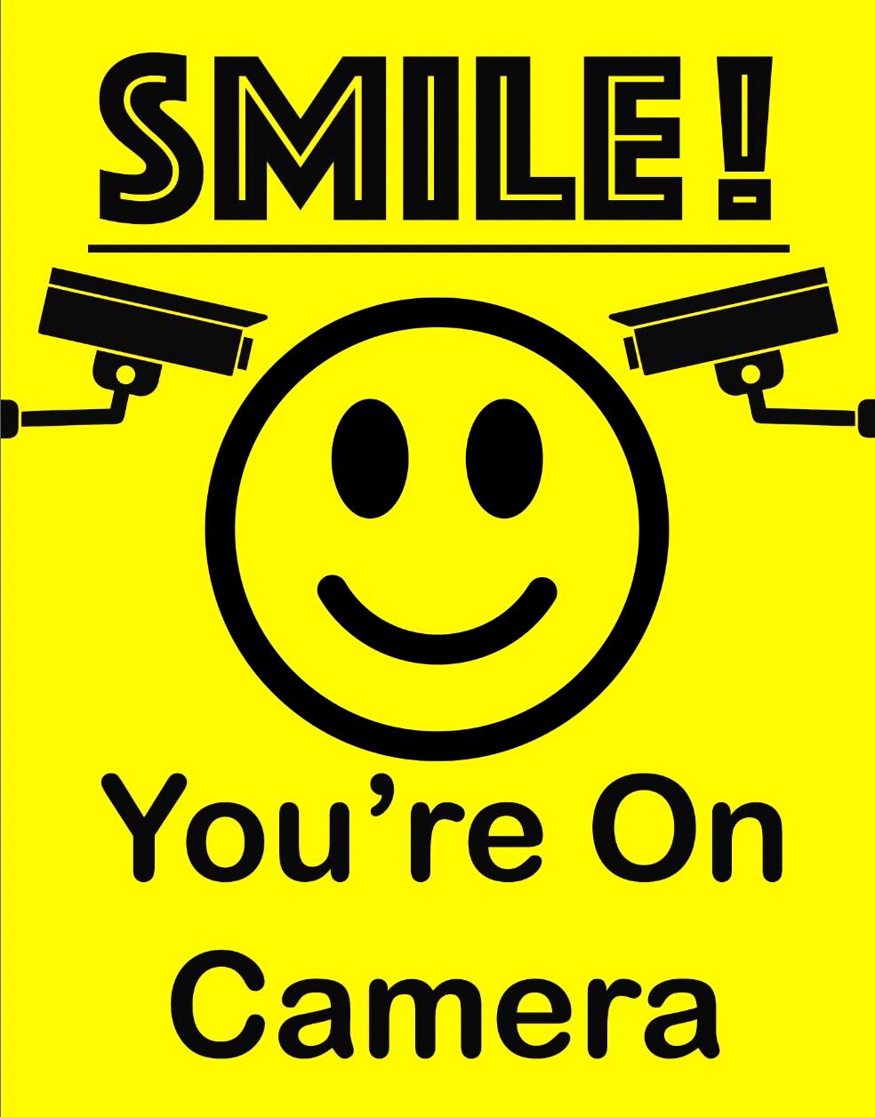 Smile Smiley Face You're on Camera CCTV Warning Yellow Notice Sign Self ...