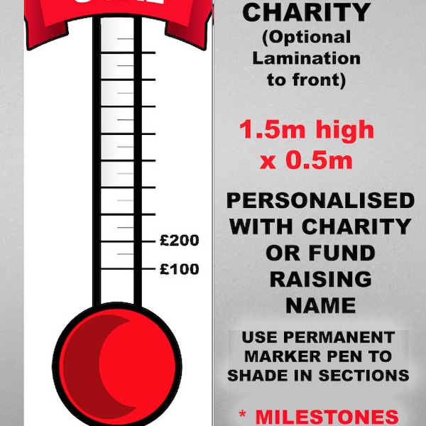 Personalised Bespoke Wording & Money Targets Wall Poster Charity Fundraising Thermometer Money Chart Showing Funds Raised To Show Progress