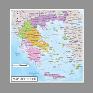 May include: A colorful political map of Greece featuring labeled cities, regions, and surrounding countries. The map includes a scale bar showing 100 and 200 kilometers, a compass rose, and the text MAP OF GREECE in a white box at the bottom left.