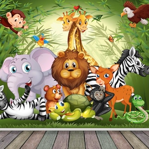 May include: A colourful illustration of various jungle animals, including a lion, zebra, elephant, giraffe, monkey, turtle, snake, and deer, set against a backdrop of green bamboo.