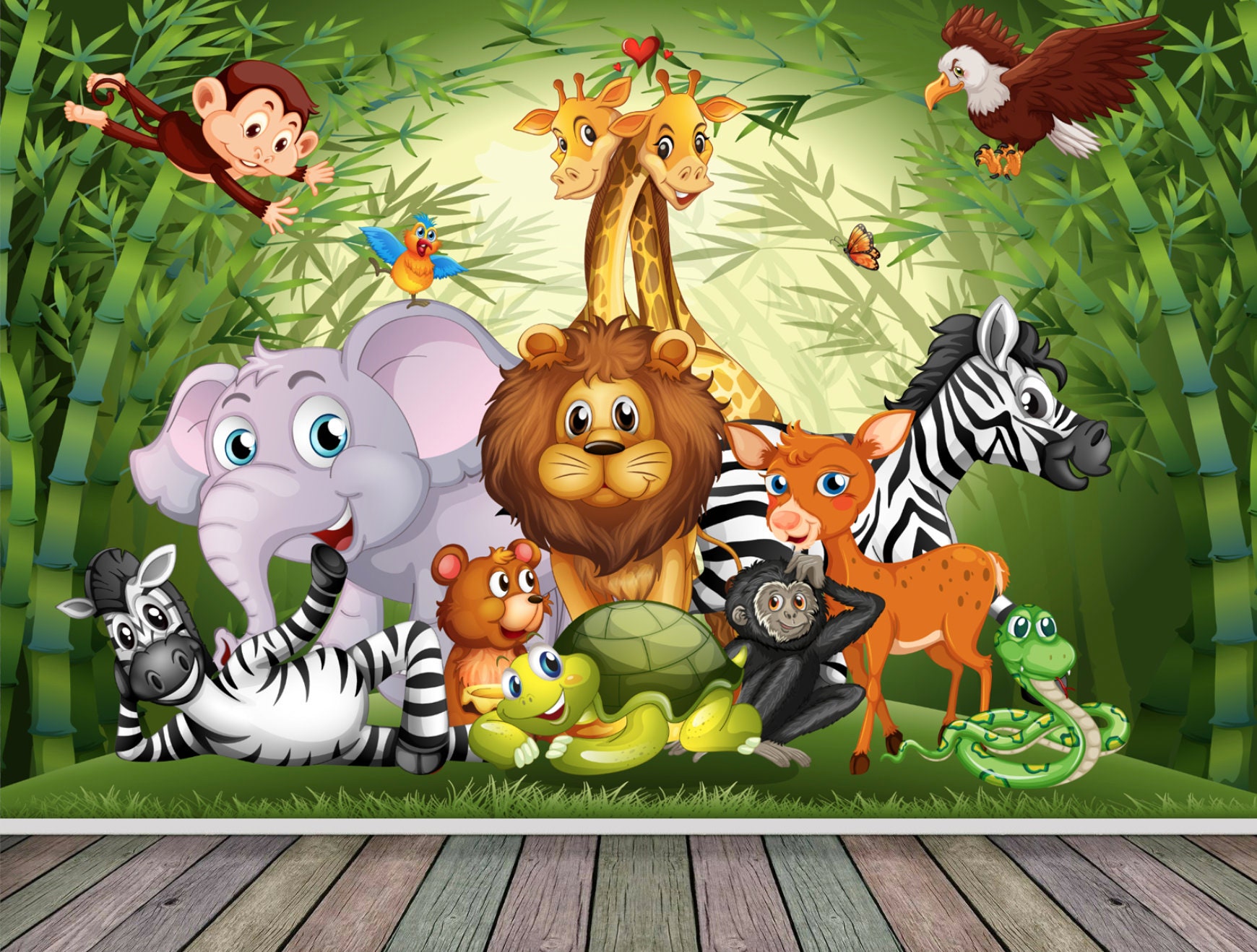 Various Jungle Zoo Animals Safari Kids Animated Effect Wallpaper Feature  Wall Mural Bedroom Backdrop Scene Setter Decor Easy Fit With Paste