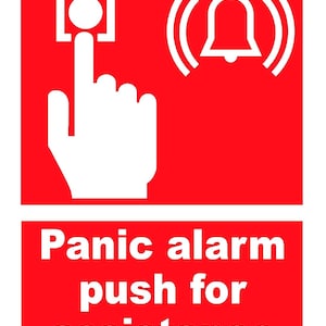 Czerwony alarm paniki, przycisk alarmowy, symbol znaku ostrzegawczego, naklejka błyszcząca, znak zewnętrzny 160 mm x 125 mm