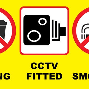 Warning Notice Sign Cab Bus Minibus Vehicle CCTV Fitted No Eating or No Drinking Yellow Window Self Adhesive Gloss Sticker Decal Sign