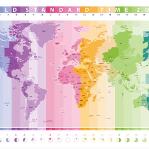 Various Sizes Poster Educational Learning Resource World Map Time Zones Countries Geography Visual Wall Chart School Nursery Kids Classroom