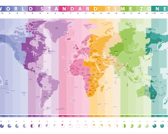 Various Sizes Poster Educational Learning Resource World Map Time Zones Countries Geography Visual Wall Chart School Nursery Kids Classroom