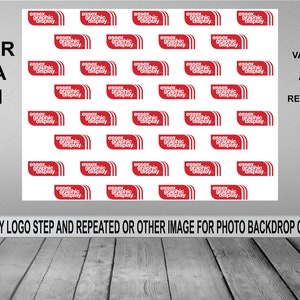 May include: White backdrop with a repeating pattern of red "Essex Graphic Display" logos. The text "POSTER MEDIA SATIN" is in the top left corner. The text "VARIOUS SIZE OPTIONS AVAILABLE TO SUIT REQUIREMENTS" is in the top right corner. The text "YOUR COMPANY LOGO STEP AND REPEATED OR OTHER IMAGE FOR PHOTO BACKDROP OR WALLPAPER" is at the bottom of the image.