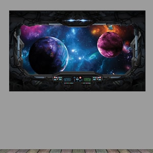 May include: A view from the window of a spaceship, showing a vast expanse of space with two planets, one purple and one blue, and a starry background.