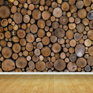 Peut inclure: Un mur recouvert d'un motif de rondins de bois empilés. Les rondins sont de différentes nuances de brun et ont un aspect naturel et rustique. Le mur est placé contre une plinthe blanche et un sol en bois brun clair.