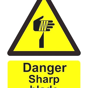 Danger Caution Sharp Blade Blades Cutting Business Factory Warning Yellow Notice Sign Adhesive External Grade Sticker Decal 16x12.5cm or A5