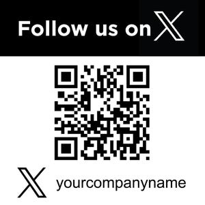 Può includere: Codice QR in bianco e nero con il testo "Follow us on X" e il testo "yourcompanyname" sotto il codice.