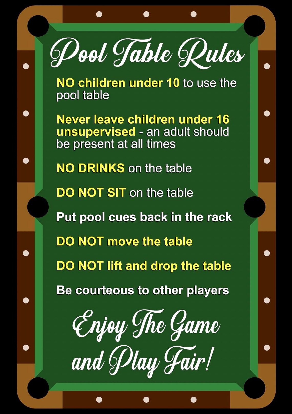 Pool Table Rules Billiards Rules Pub Club Etiquette Sign Notice Sticker ...