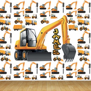 Personalised Name Text Construction Trucks Bulldozer Vehicles Diggers Mixers Kids Wallpaper Mural For Bedroom Playroom Any Room Wall Decor