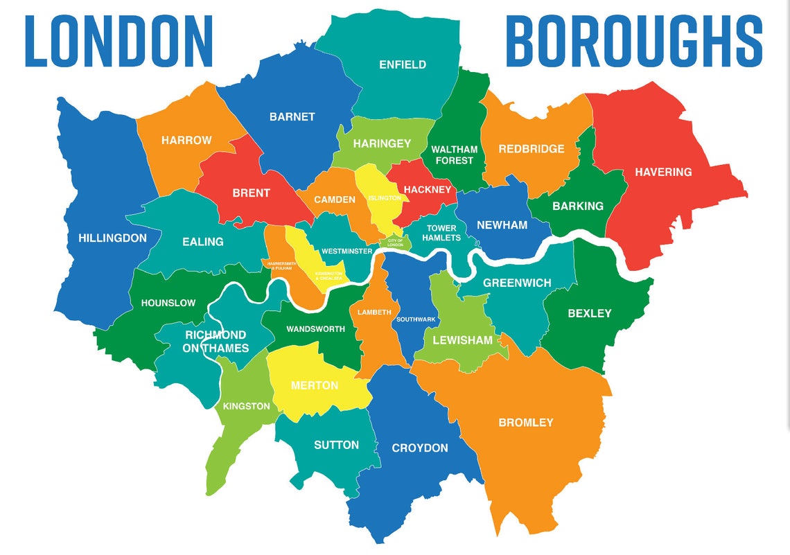 Map of London Boroughs Districts Coloured Geography Learning