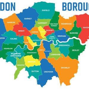 Carte des quartiers de Londres, apprentissage de la géographie en couleur, impression d'affiches murales éducatives, grandes et petites tailles, plastifié brillant en option