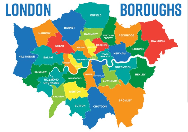 Map of London Boroughs Districts Coloured Geography Learning