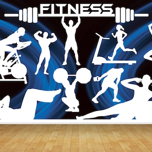 Gymnasium Gym Health Fitness Equipment Exercise Wallpaper Mural Gym Room Wall Large Printed Backdrop Decor Scene Setter Easy Installation