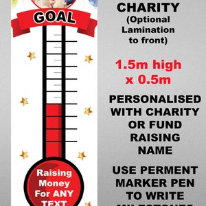 Personalised Bespoke Any Wording and Photo Wall Poster Charity Fundraising Thermometer Money Chart Showing Funds Raised To Show Progress