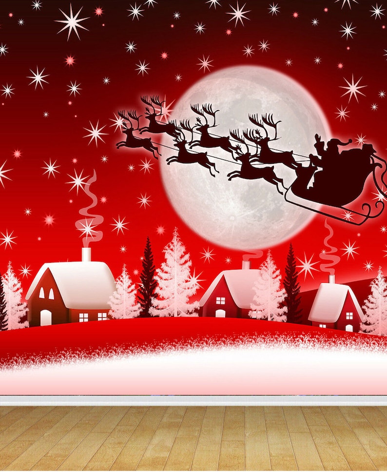 Christmas Reindeer Santa Sleigh Presents Wallpaper Mural for Bedroom