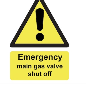 Emergency Gas Mains Valve Shut Off Safety Yellow Warning Notice Sign Self Adhesive Decal Gloss Sticker sign 160mm x125mm