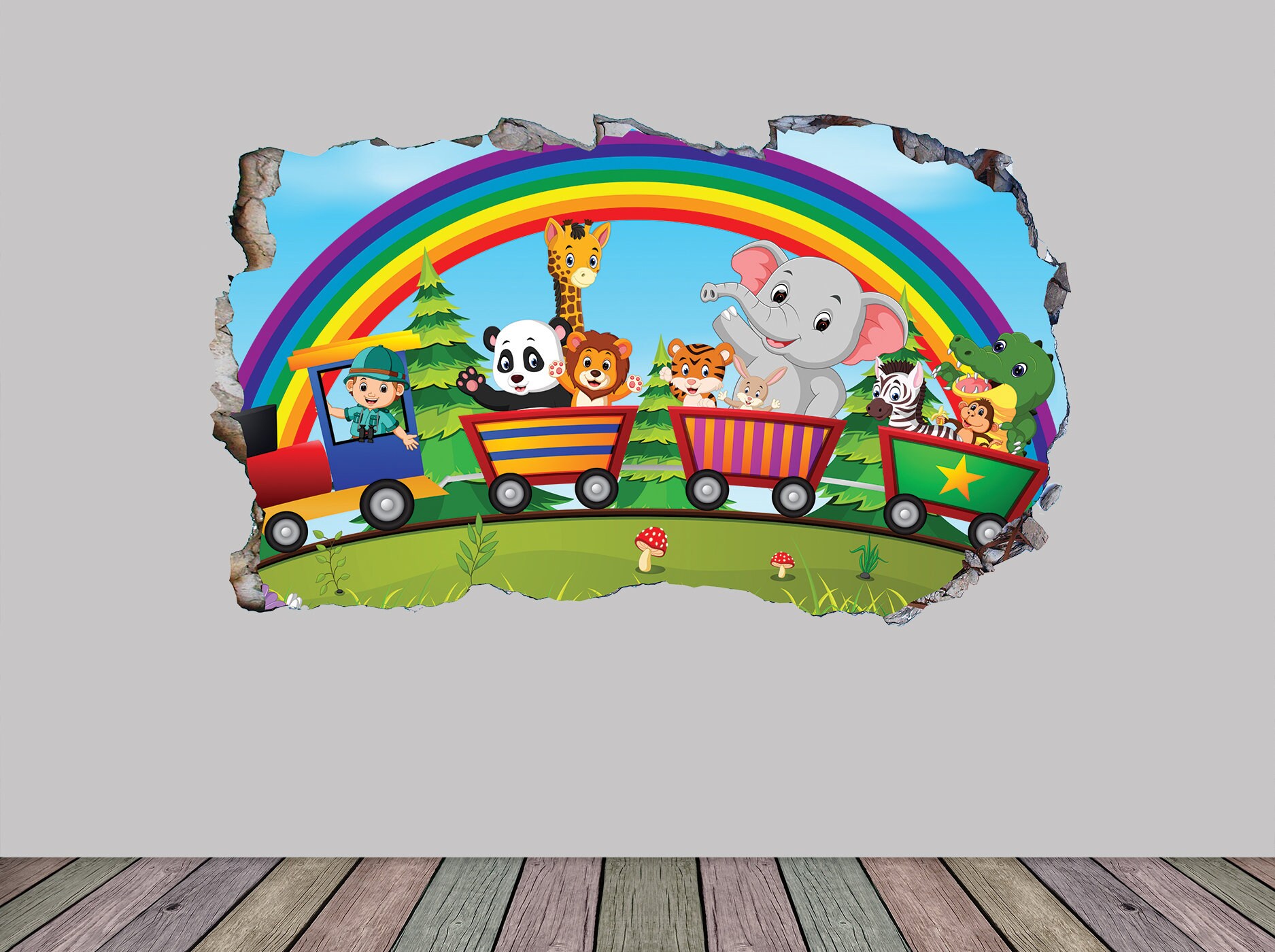 Zoo Background Train Set Large Animated Zoo Safari Animals Train Wall Smash Crack Self Adhesive ...