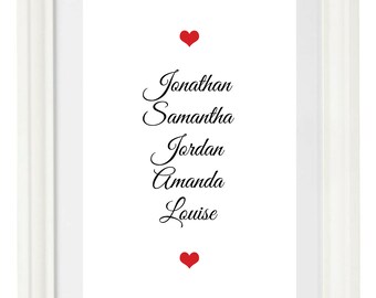 White Framed Poster Print Bespoke Family First Names with Heart Personalised Text Great Gift Birthday Christmas for Wall Decor Decoration