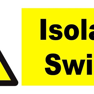 Señal de advertencia de precaución con interruptor de aislamiento de red: peligro eléctrico. Adhesivo brillante amarillo para ventana (16,5 cm x 6,5 cm).