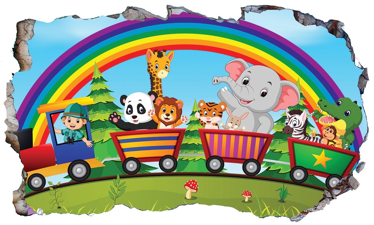 Zoo Background Train Set Large Animated Zoo Safari Animals Train Wall Smash Crack Self Adhesive ...