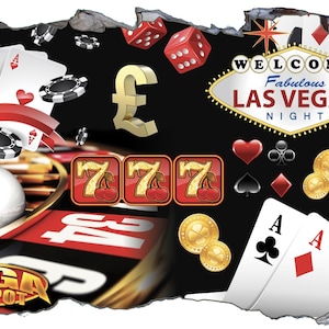 Calcomanía autoadhesiva con diseño gráfico de pared con diseño de casino Las Vegas, tragamonedas, cartas, ruleta, moderno, para pared, varios tamaños