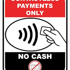 Contactloos betalen Alleen betalingen Geen contante betaling Winkel Zakelijk mededelingenbord Zelfklevende glanzende sticker Stickerbord 160 mm x 125 mm