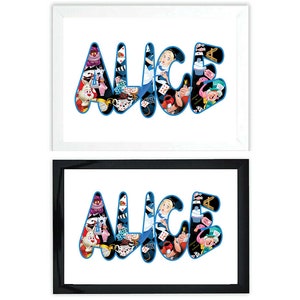 Alice in Wonderland Bespoke Name Letters With Characters Within Print Printed Graphic Framed Wall Art Decor Picture