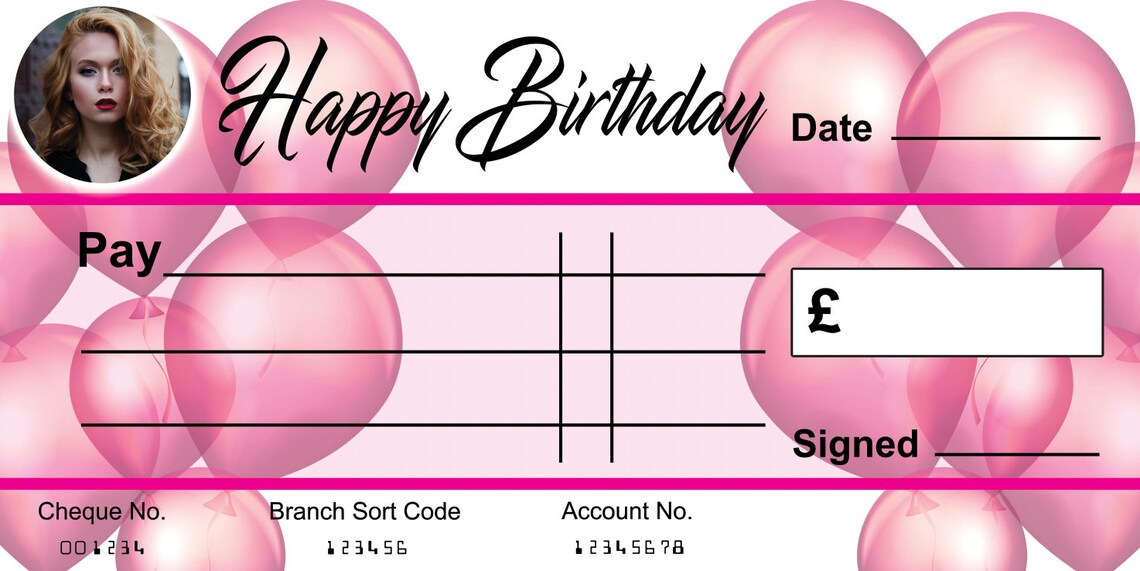 Large BLANK Cheque Congratulations With Photo PINK Gift Money Present ...