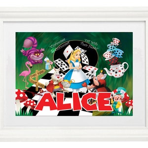 Framed Personalised Name Bespoke Alice in Wonderland Print Printed Picture Graphic With Border Mount Birthday Gift Present