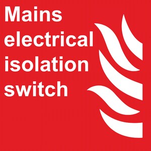 Electrical Mains Isolation Switch Sign Adhesive External Grade Gloss Sticker Safety Adhesive Gloss Sticker Decal 125mm Square Notice Sign