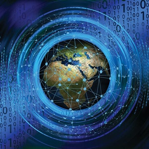 Pu&ograve; includere: Un'illustrazione digitale astratta blu e nera della Terra con una rete di linee che collegano i continenti. La Terra &egrave; circondata da cerchi concentrici di luce blu e codice binario.