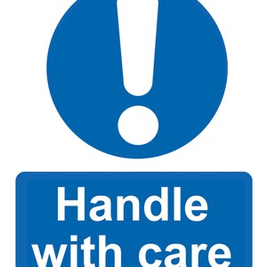 Veiligheidsadvies Waarschuwingsbericht Blauw richtsnoer Zorgvuldig omgaan met zelfklevende glanzende sticker stickerbord