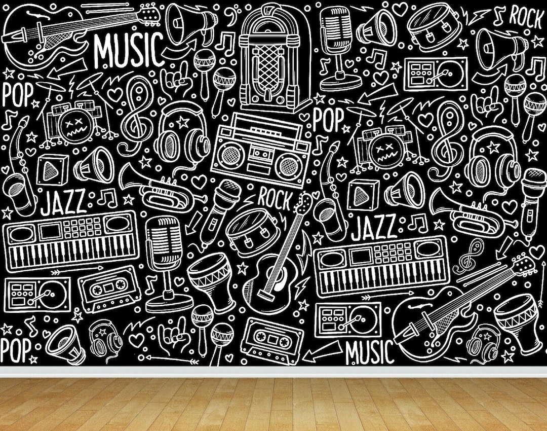 Modern Doodle Music Wallpaper Mural for Bedroom Playroom Music Kids Room Wall Decor Various Size