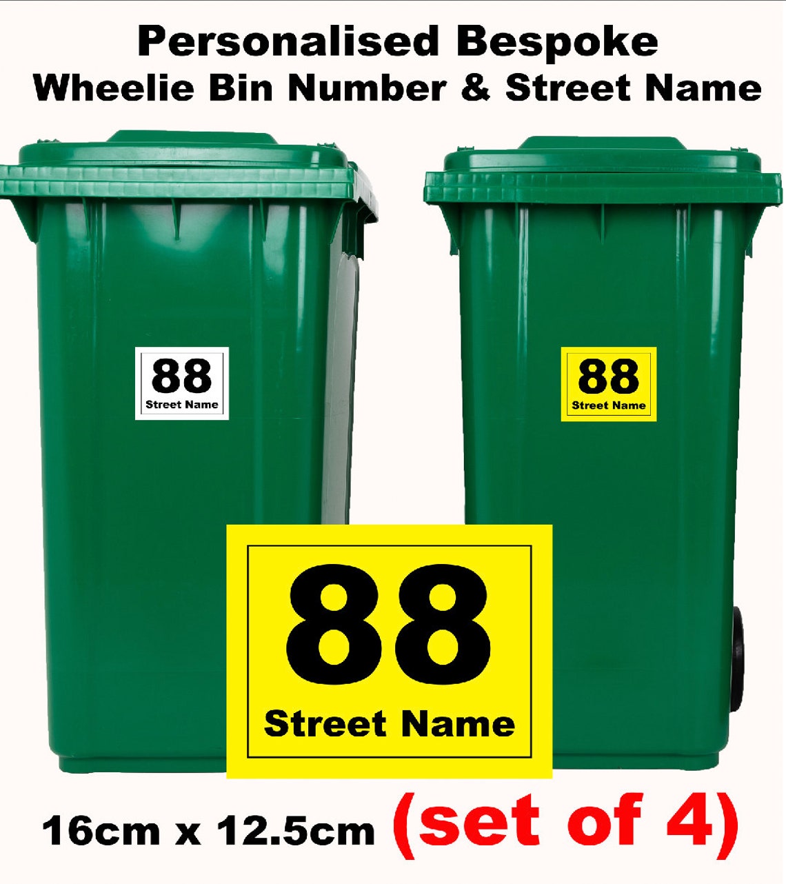 4 X Wheelie Bin House Numbers Stickers Wheely Dustbin Gloss Sticker Vinyl Peel & Stick Bespoke