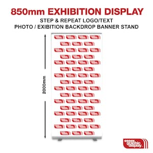 May include: White retractable banner stand with a red logo that says "essex graphic display" repeated on a white background. The stand is 850 mm wide and 2000 mm tall.