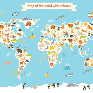 Affiche de différentes tailles, ressource d'apprentissage pédagogique, carte du monde, géographie des animaux, apprentissage visuel, tableau mural, école maternelle, salle de classe pour enfants